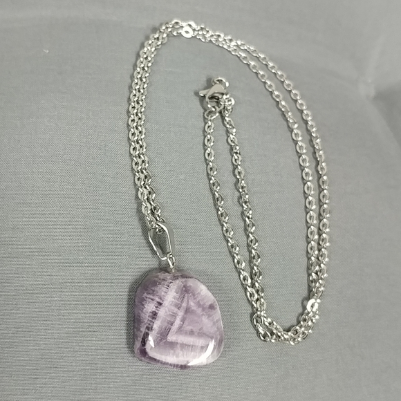 Chevron Purple Amethyst Necklace Natural Gemstone Pendant Stainless-Steel Chain - Picture 13 of 17